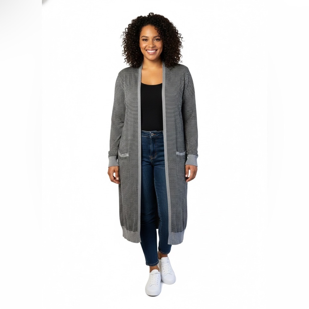 Eileen Fisher Open Front Striped Cardigan 1X Long Duster Sweater